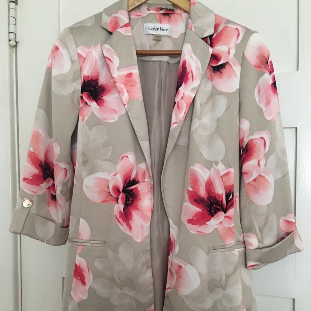 Calvin Klein Open Floral Jacket with Cuff Sleeve